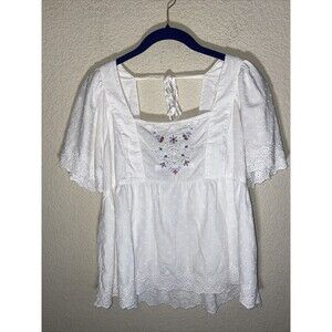 Old Navy White Babydoll Embroidered Swiss Flutter Sleeve Tie Back Blouse S Boho